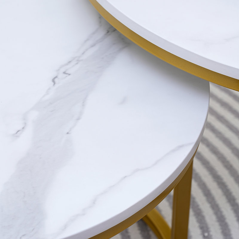 Ronik Round Shape Nesting Coffee Table for Living Room Marble Style Tabletop Gold Metal Frame