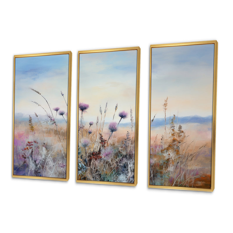 Ensemble de décoration murale chardon mauve, Cadre flottant doré, H 28 po x l 36 po x P 1 po