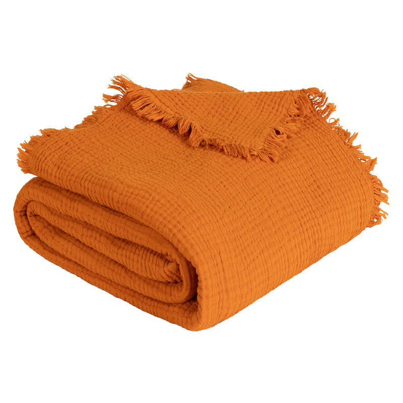 Jeté 100% coton en mousseline de coton avec pompons, couverture légère et respirante pour canapé, canapé et lit, Orange brûlé