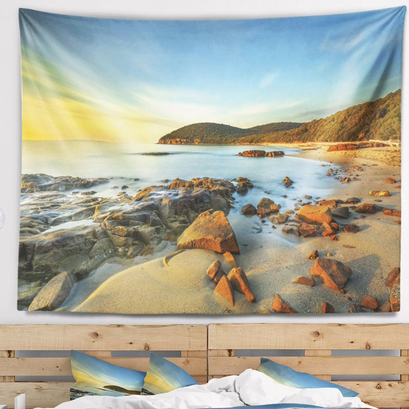 Paysage coucher de soleil dans la tapisserie de la baie de Violina, H 32 po x l 39 po