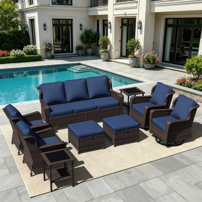 9-Person Outdoor Patio Conversation Rattan Seating Group Swivel Chairs With Blue Cushions, Blue