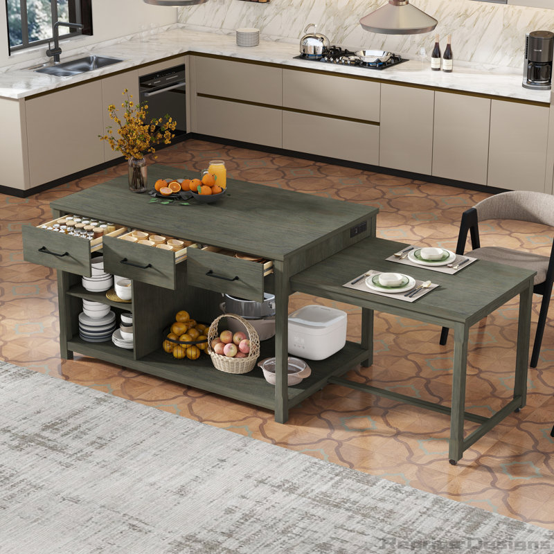 Extendable Kitchen Island with Storage,Built-In Power Outlets, Gray