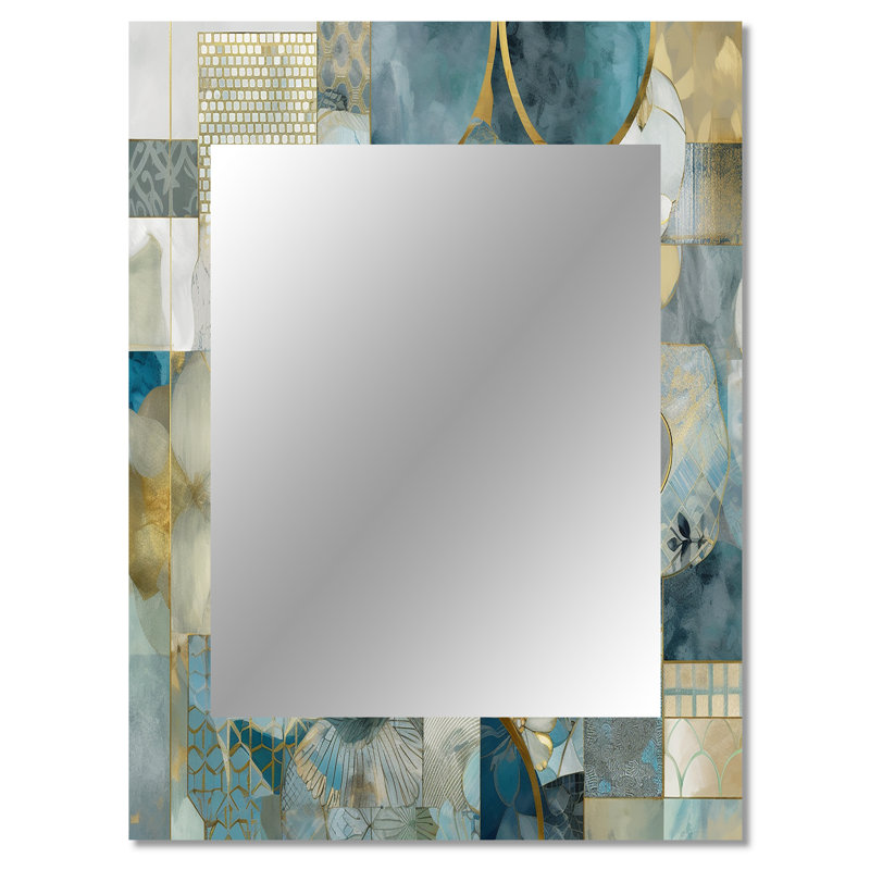 Golden Blue Marble Floral Design II - grand miroir mural floral, miroir décoratif traditionnel, impression d'art en métal