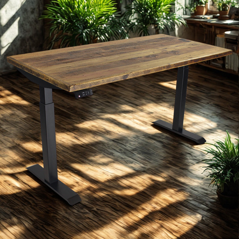 Skyscraper Electric Height Adjustable Standing Desk, Dual Motor and Digital Control with Memory, 60x30, Real Reclaimed Wood Top with Black Frame