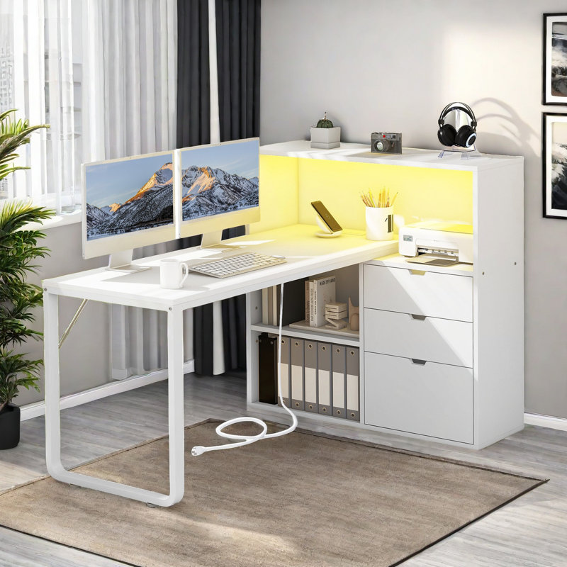 Broly 55'' L Shaped Desk With Power Outlets & LED Light, White