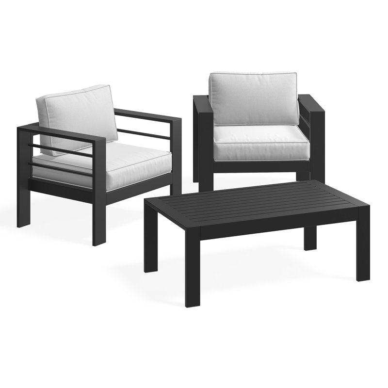 2-person All Aluminum Outdoor Conversation Set With Cushions, 3 Pcs: 2 Chairs, Coffee Table, Gray, Black