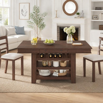 Table de salle à manger haute de style campagnard de 152 cm avec étagères de rangement – ​​Îlot de cuisine en bois pour 4 à 6 personnes, couleur : brun