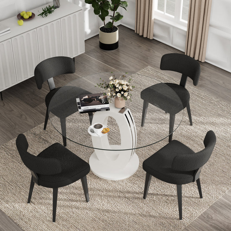 Ensemble de salle à manger à piédestal, table de salle à manger ronde 47 po et chaises Teddy, Blanc, 5, Blanc/Noir