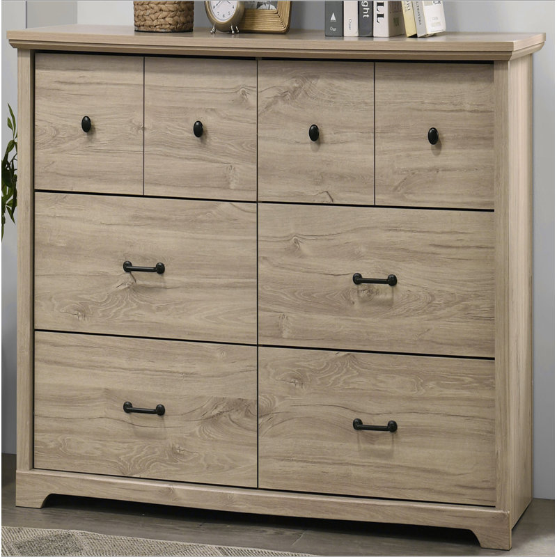 Commode 6 tiroirs avec poignées noires Elara, Chêne clair