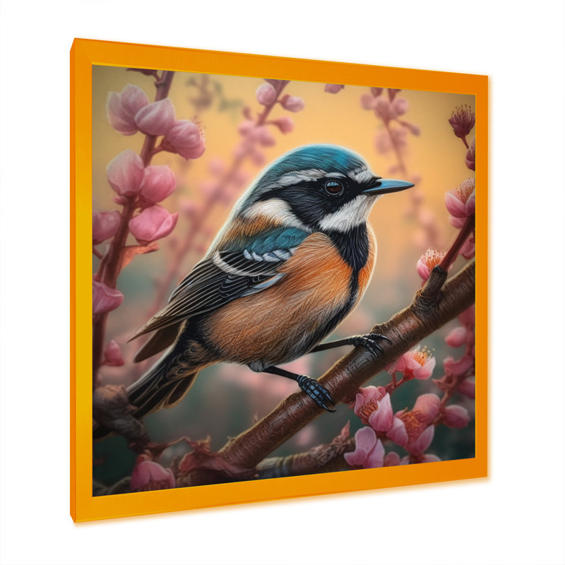 Oiseau bleu sur une branche, H 16 po x l 16 po x P 1 po, Encadrement doré