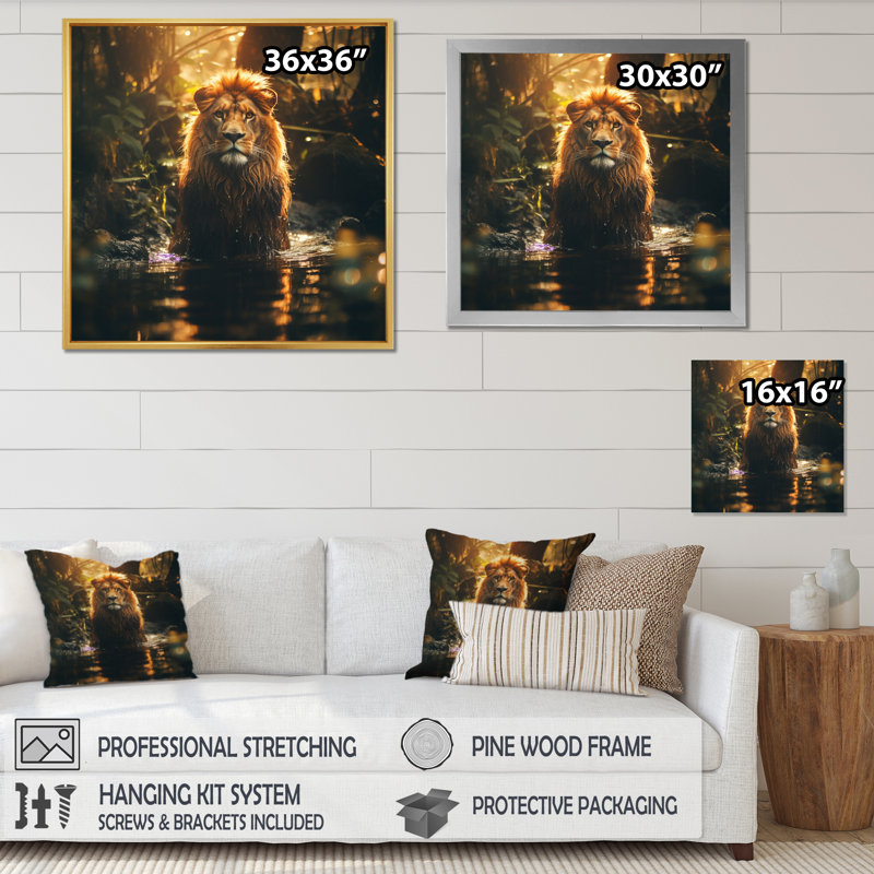 Double exposition lion dans la jungle I - impression, H 16 po x l 16 po x P 1 po, Cadre flottant noir