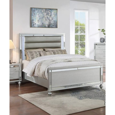 1Pc Bed Built In LED Lights Glass Panel Round Gourd Legs Horizontal Tufting Bedroom Furniture