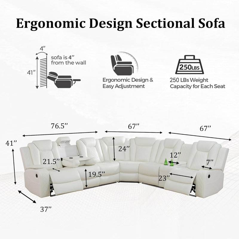 3-Pieces 210" Breathing Leather Power Reclining Theater Sectional With LED Lighting, Off White
