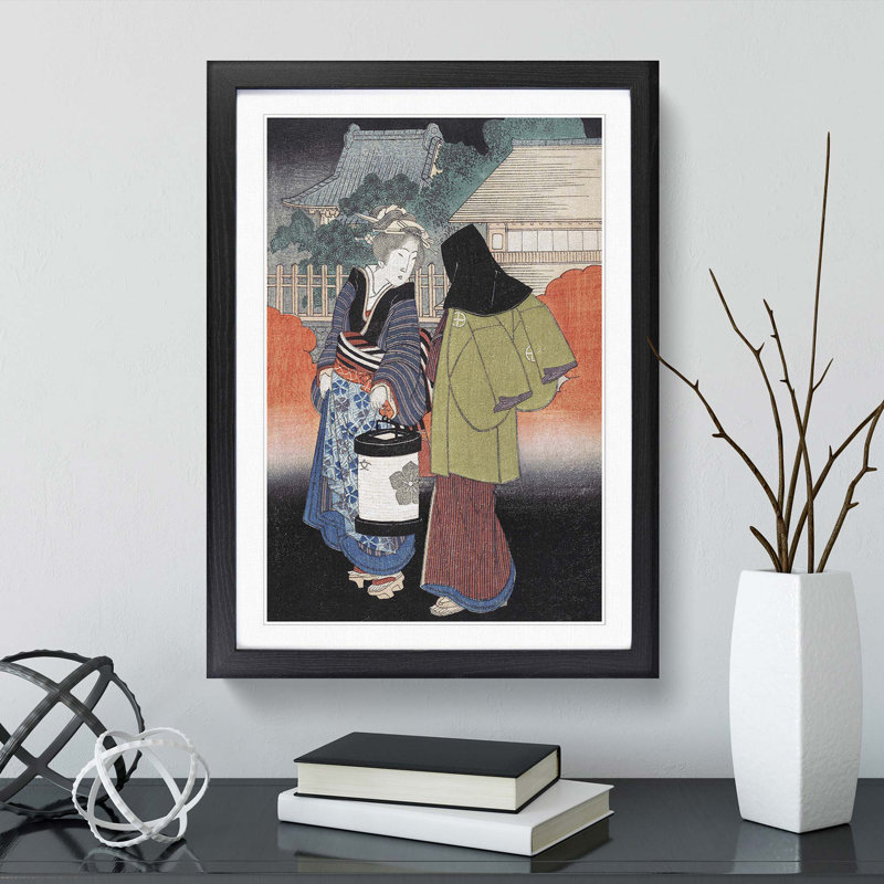 Night Scene by Yashima Gakutei - Picture Frame Painting Print, Black Framed, 36cm H x 27cm W x 2cm D