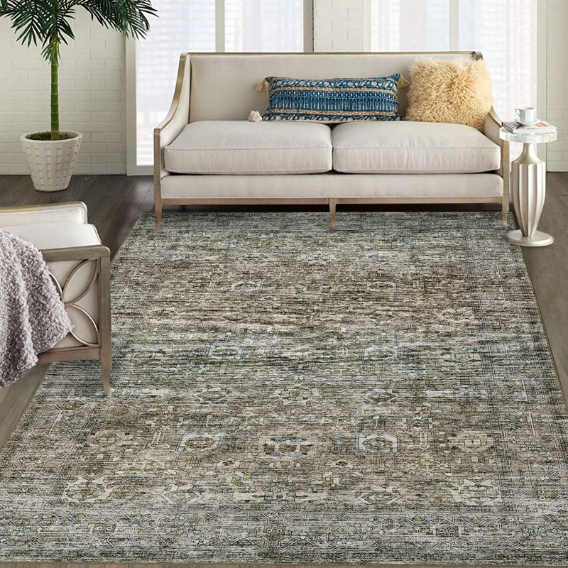 Tapis de chambre à coucher lavable et antidérapant à motif floral, Rectangle 5 pi x 7 pi