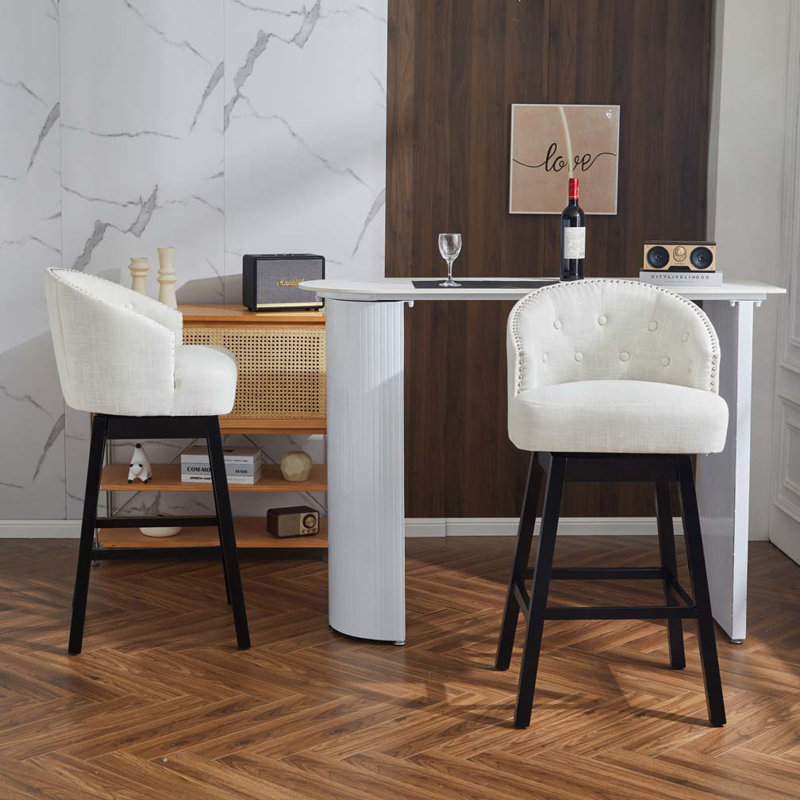 Tabourets de comptoir pivotants 33,25 po avec structure en bois d'hévéa massif, Blanc