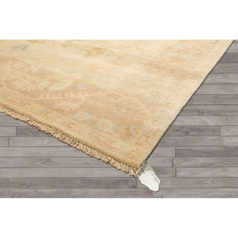 Tapis de transition en laine beige taupe de 2,41 m x 2,92 m, noué à la main