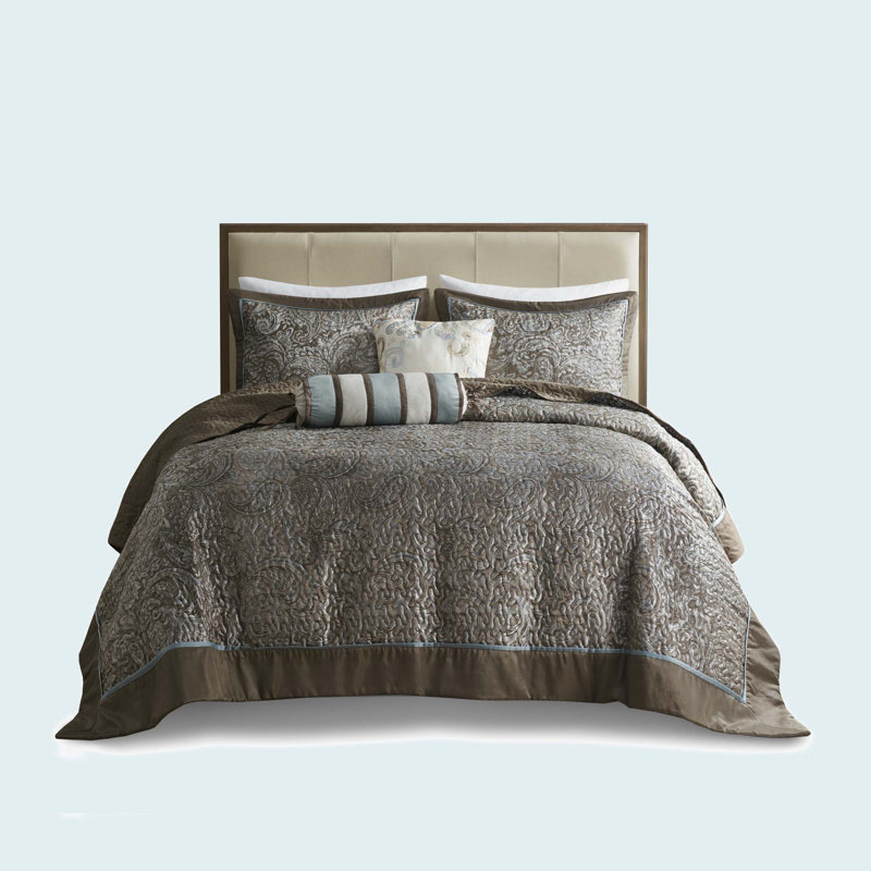 5 Piece Jacquard Bedspread Set With Throw Pillows, Queen Bedspread + 2 Standard Pillow Shams, Blue Brown