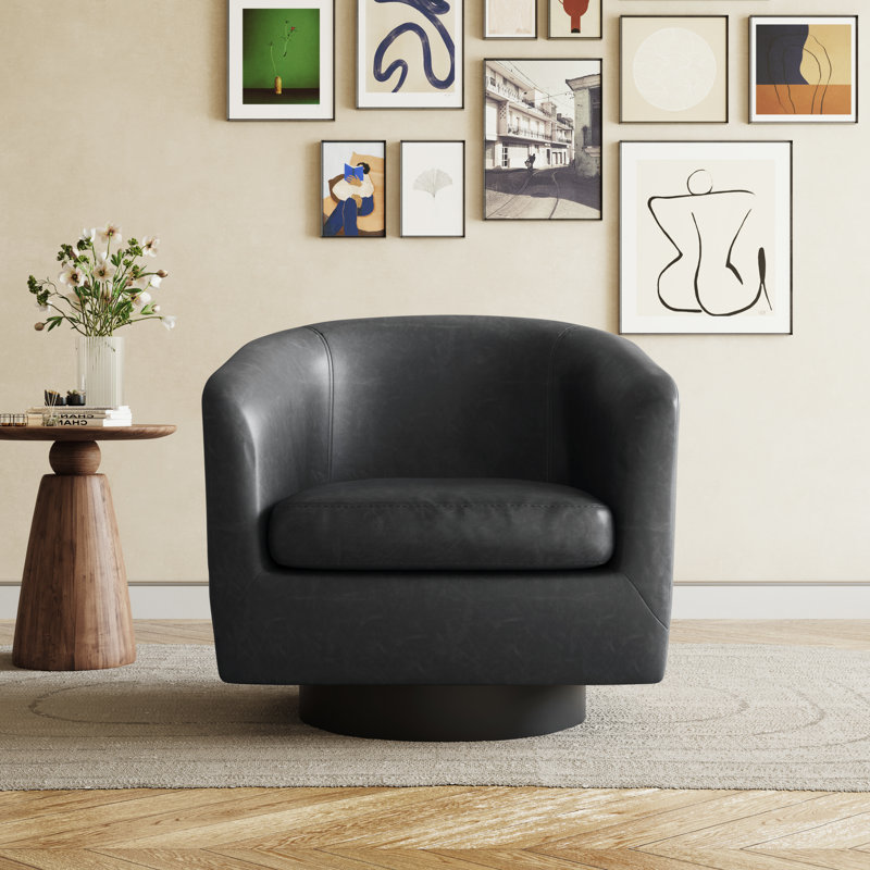Bennett 79Cm Wide Swivel Barrel Chair, Black Faux Leather