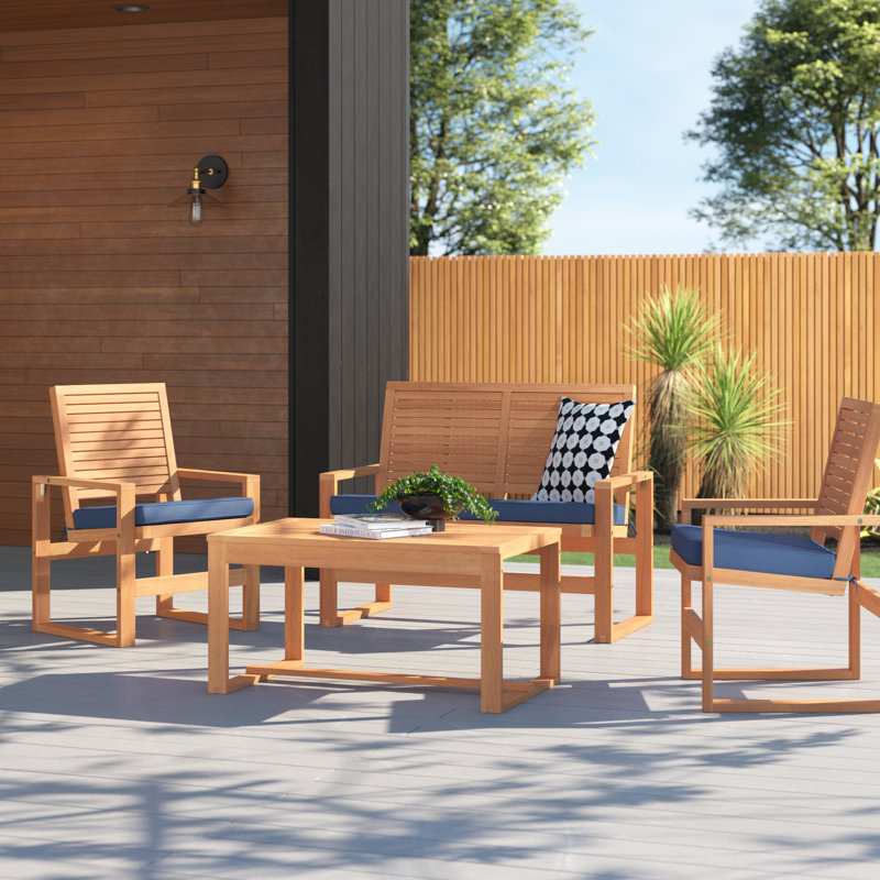 Andralyn Acacia 4 - Person Patio Conversation Set with Cushions, Navy, Natural