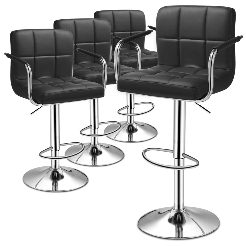 Faux Leather Adjustable Height Bar Stools, Swivel Counter Height Barstools Dining Chair (Set of 4), Black