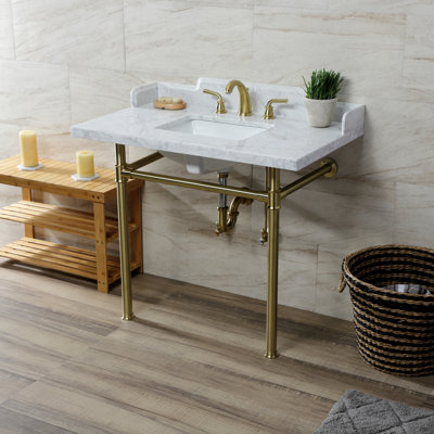 Lavabo console en marbre de Carrare de 36 po avec pieds en acier inoxydable, marbre blanc / nickel poli Kingston LMS3622M86ST Kingston