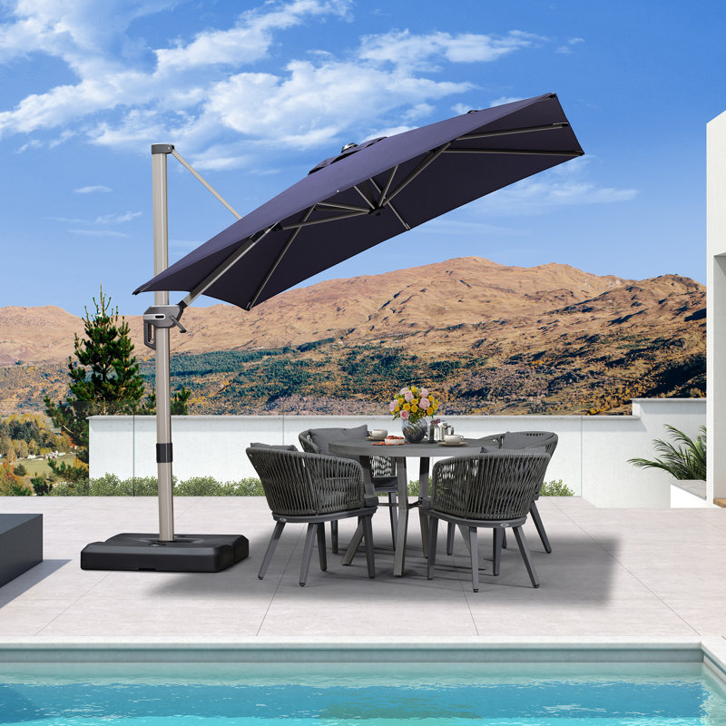 Parasol carré en aluminium décalé en porte-à-faux 8 pi avec rotation à 360 ° et base Roena, Bleu marine