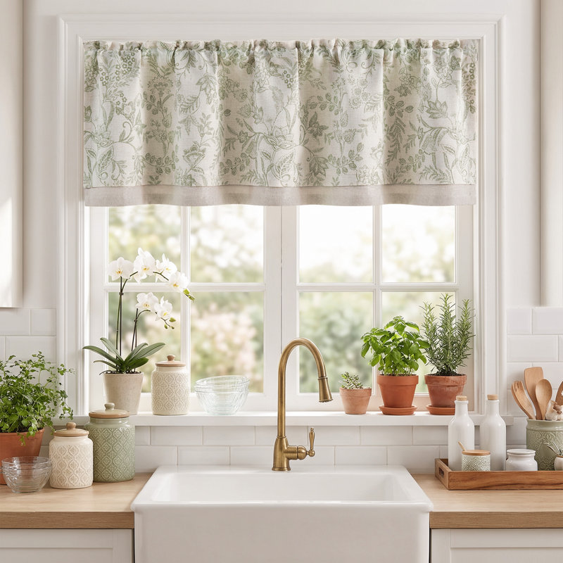 Linen Floral Rod Pocket Farmhouse Double Layered Valance for Kitchen Bathroom, Green/Beige