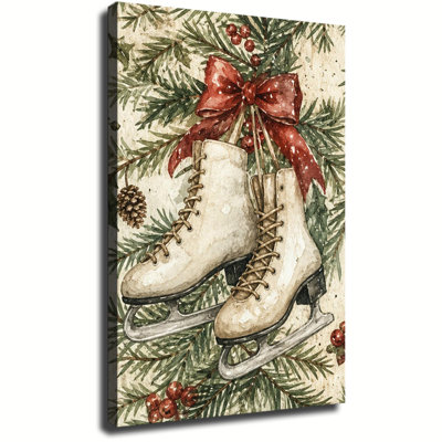 Aquarelle, patins à glace rétro avec houx rouge et brins de pin, art mural sur toile de Noël