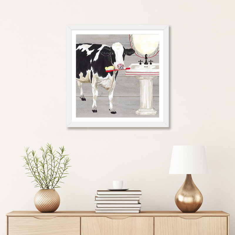 «Bath Time for Cows Sink» par Tara Reed - impression d'art graphique, Encadré par un papier blanc, H 24 po x l 24 po x p 1 po