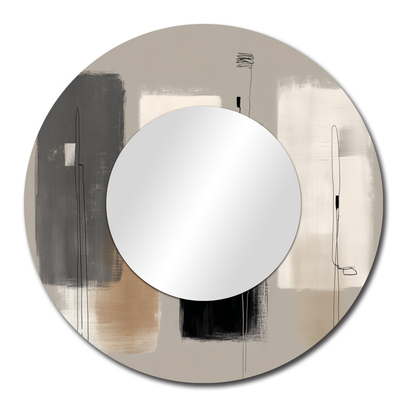 Formes noires avec mélange minimaliste abstrait gris - miroir mural rond moderne, impression métallique, 29" x 29"