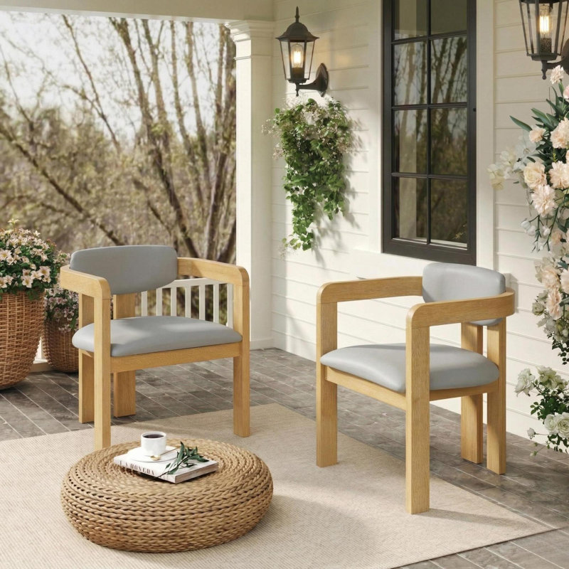  Ensemble de 2 chaises de salle à manger d'extérieur en bois d'acacia avec dossier fixe et coussins gris ergonomiques