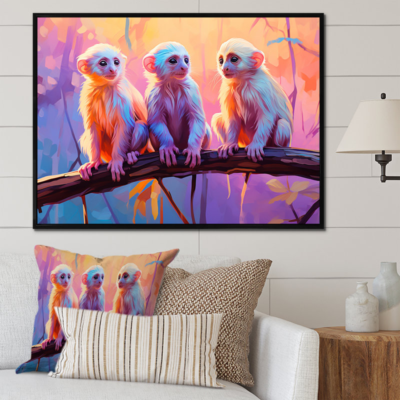 «Joyous Jungle Monkeys», art mural singe, Cadre flottant noir, H 24 po x l 32 po x P 1 po