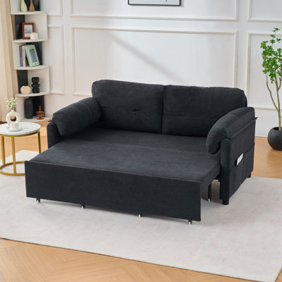 Causeuse convertible grand-lit en chenille noire 3 en 1, canapé-lit multifonctionnel avec coussins épais et rangement latéral pour le salon, la chambre à coucher, l'appartement, le bureau