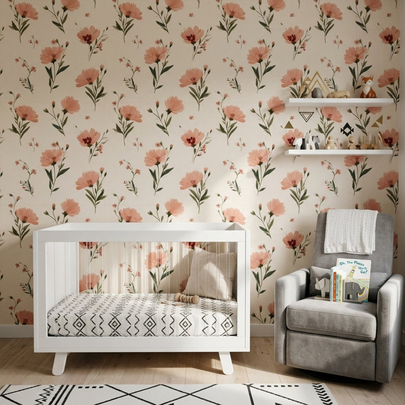 Papier peint floral, fleurs roses, pêche, fond crème, décoration murale, Non tissé, non collé