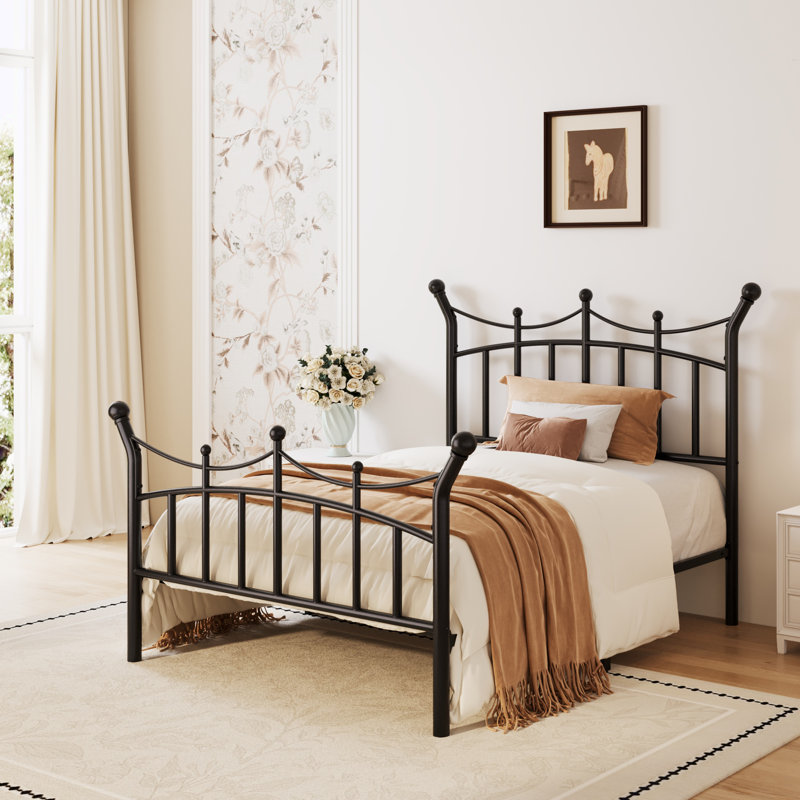 Retro Style Teen Girls Dream Crown Shaped Metal Platform Bed, No Box Spring Needed, Twin, Black