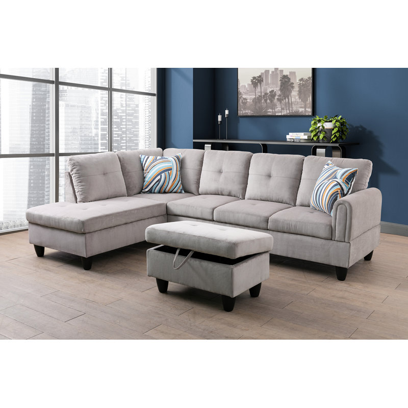 Upholstered L-Shaped Sectional, Off White Linen Blend, Left Hand Facing