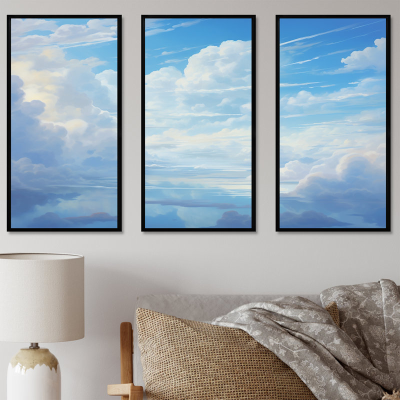 «Aqua Pastel Clouds Lansdcape IV», ensemble d'art sur toile, H 28 po x l 36 po x P 1 po, Cadre flottant noir