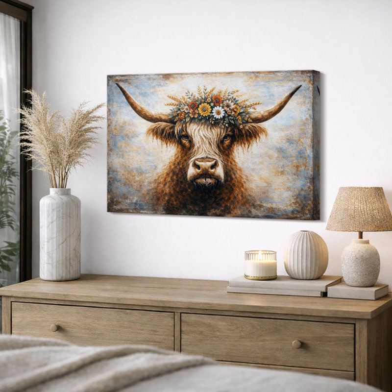 «Highland Cow», impression de couronne florale, impression sur toile encadrée, H 24 po x l 36 po x P 1,5 po, Toile tendue