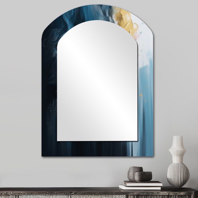 «Pink and Blue Exploration The Unseen I», décor de miroir mural unique à arche géométrique, grand miroir asymétrique rose, impression d'art en métal
