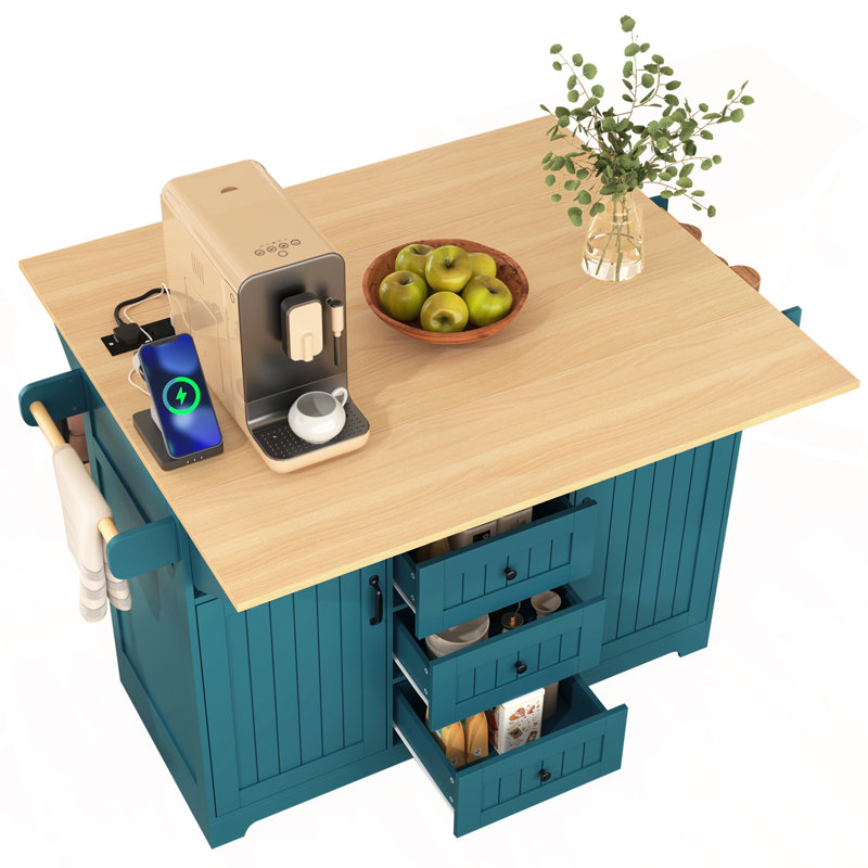 55.7" Large Kitchen Island with 2 Drop Leaf,, Rolling Kitchen Cart on 5 Wheels with Power Outlet, Folding Storage Dining Table with Spice & Towel Rack , 3 Drawers, for Kitchen, Dining Room,Green