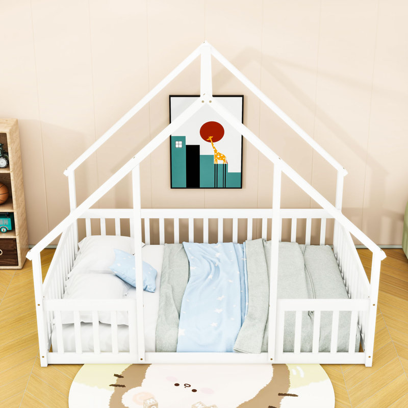 Lit de plancher en bois en forme de maison avec garde-corps, Double, Blanc