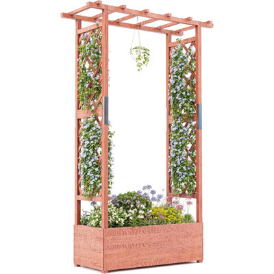 Elevated Wooden Garden Bed with Arch Trellis Hanging Roof Planter Box with Side Trellis 4 Drainage Holes for Vine Climbing Plants Above Ground Raised Garden Bed