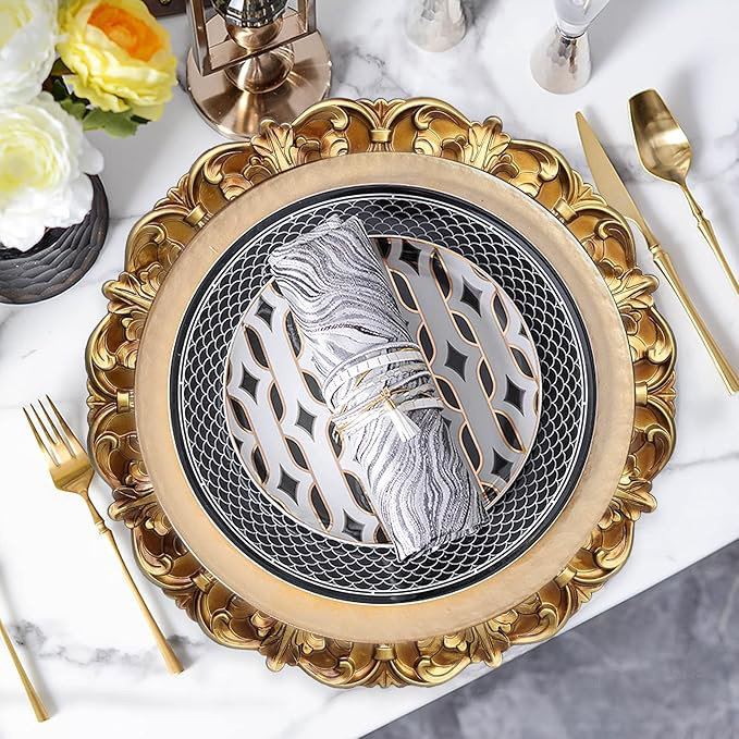 6 assiettes de présentation en plastique doré antique de 6 pièces, chargeurs texturés en relief pour assiettes parfaites pour les mariages et les décorations de table