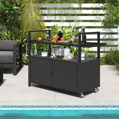 Outdoor Bar Cart With Tempered Glass Top Storage Cabinet & 8 Hooks For Porch
