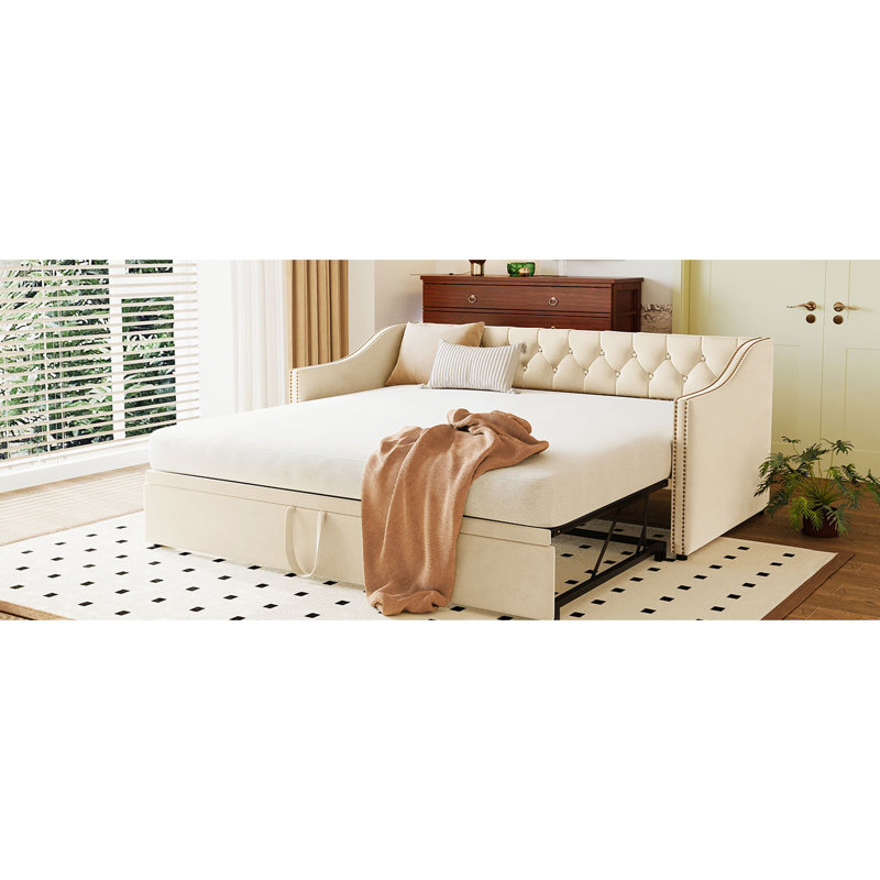 Lit de jour simple rembourré avec gigogne escamotable beige - contemporain et confortable sans sommier tapissier, Beige