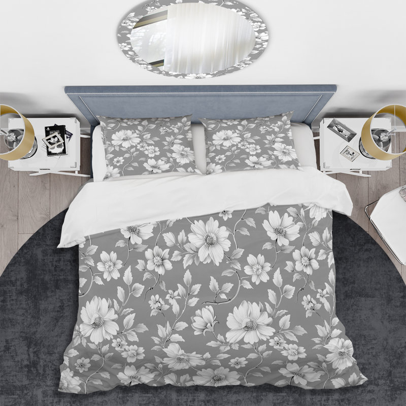 Ensemble de housse de couette transitionnel gris et blanc à motif floral Blooms II