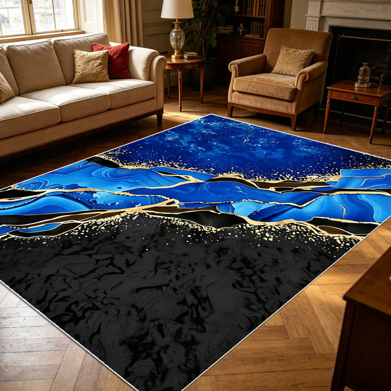 1PC Navy Blue Black Gold Foil Fluid Abstract Marble area rugs for Living Room, Soft and Comfortable, Suitable for all seasons, easy-to-maintain, machine washable Indoor floor mat, Under Table Farmhouse suitable for dining room, bedroom