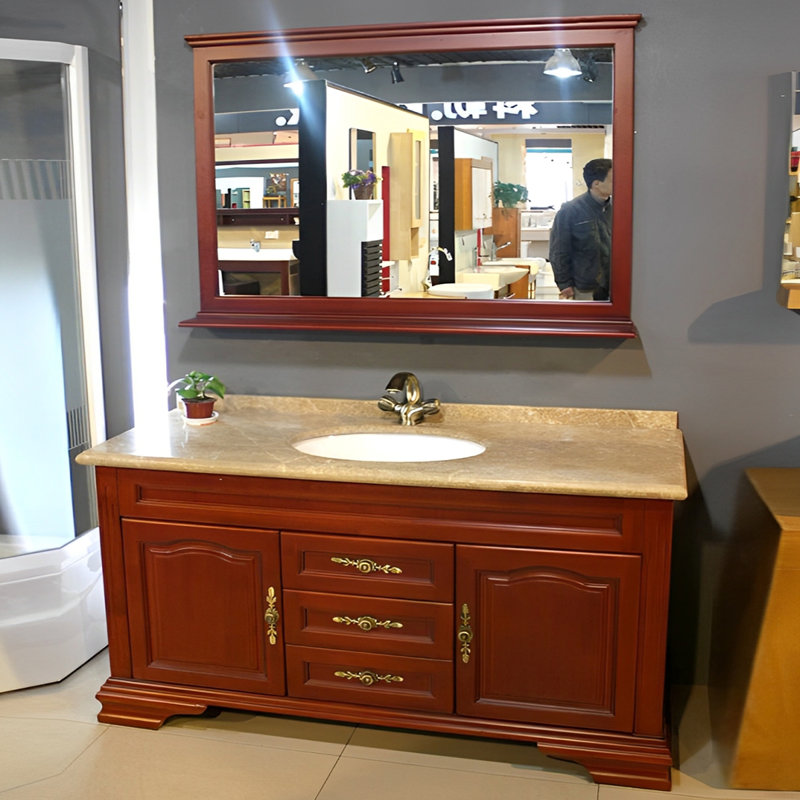 Chinese-style marble solid wood bathroom cabinet
