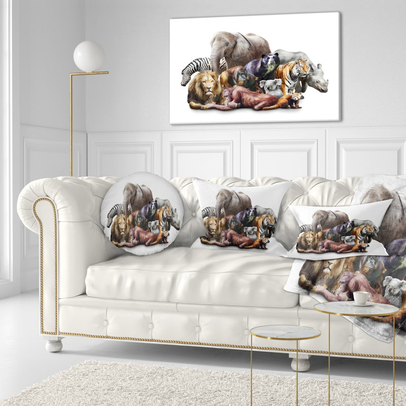 Animals on White Background - Animal Printed Throw Pillow
